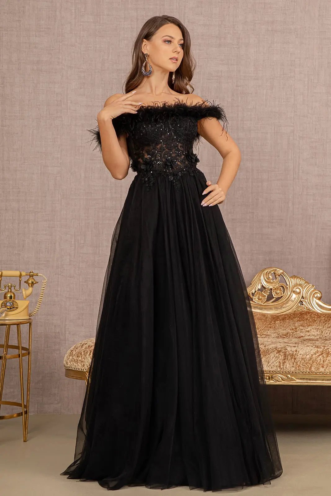 Embroidery Sheer Front Mesh A-line Dress w/ Feather Embellishment by Tux-USA