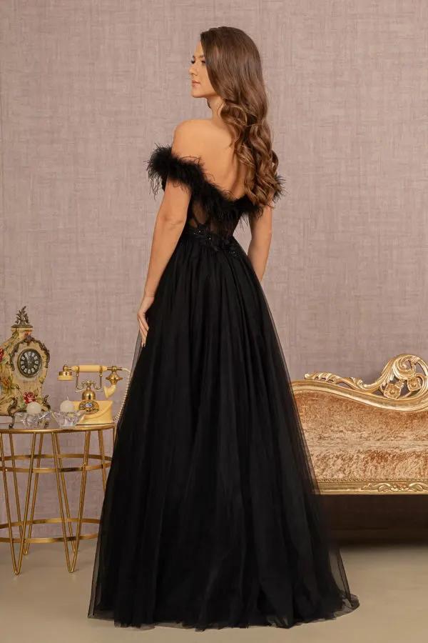 Embroidery Sheer Front Mesh A-line Dress w/ Feather Embellishment by Tux-USA