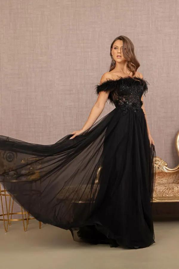 Embroidery Sheer Front Mesh A-line Dress w/ Feather Embellishment by Tux-USA