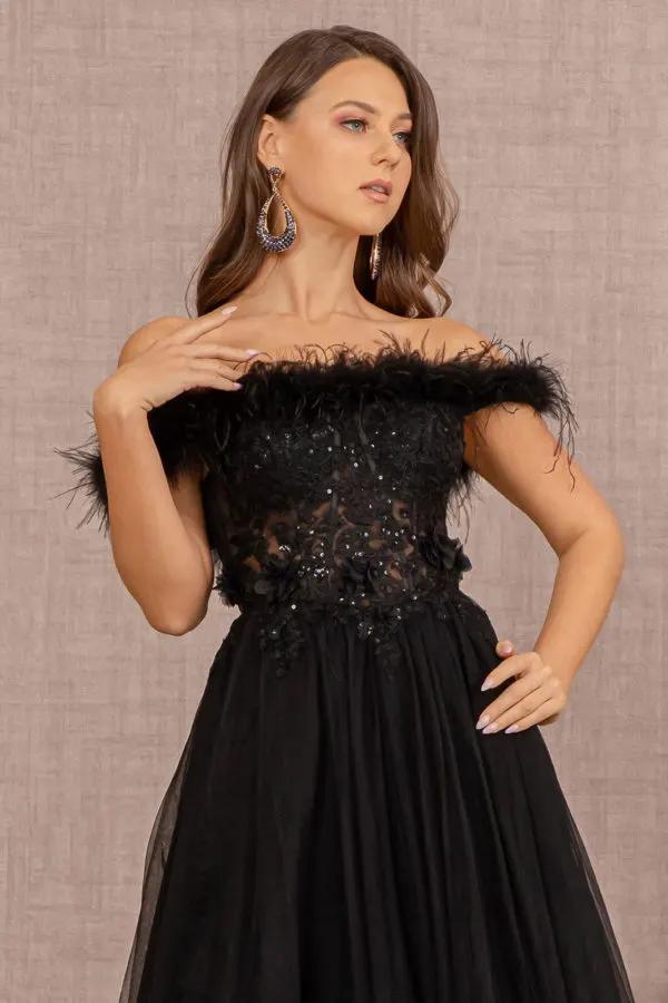 Embroidery Sheer Front Mesh A-line Dress w/ Feather Embellishment by Tux-USA