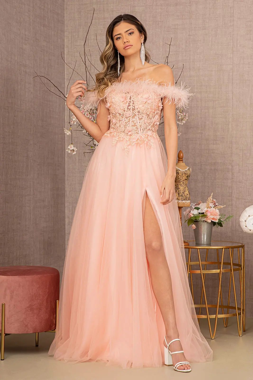 Embroidery Sheer Front Mesh A-line Dress w/ Feather Embellishment by Tux-USA