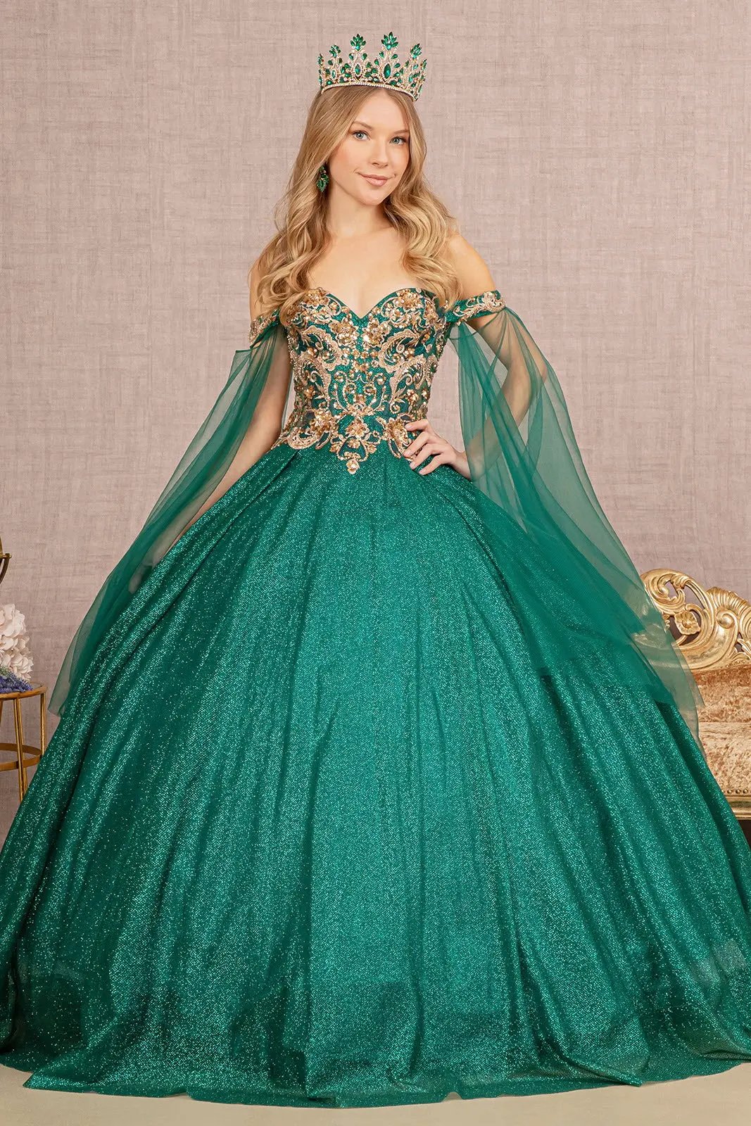 Glitter Sheer Bodice Mesh Ball Gown w/ Detachable Mesh Layers by Tux-USA