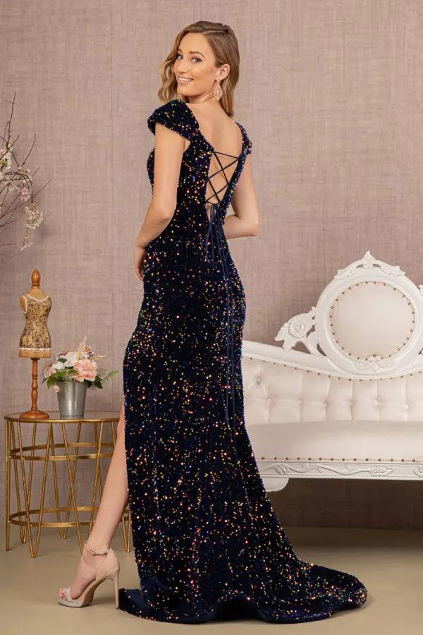 Sequin Off Shoulder Lace-up Back Velvet Mermaid Dress by Tux-USA
