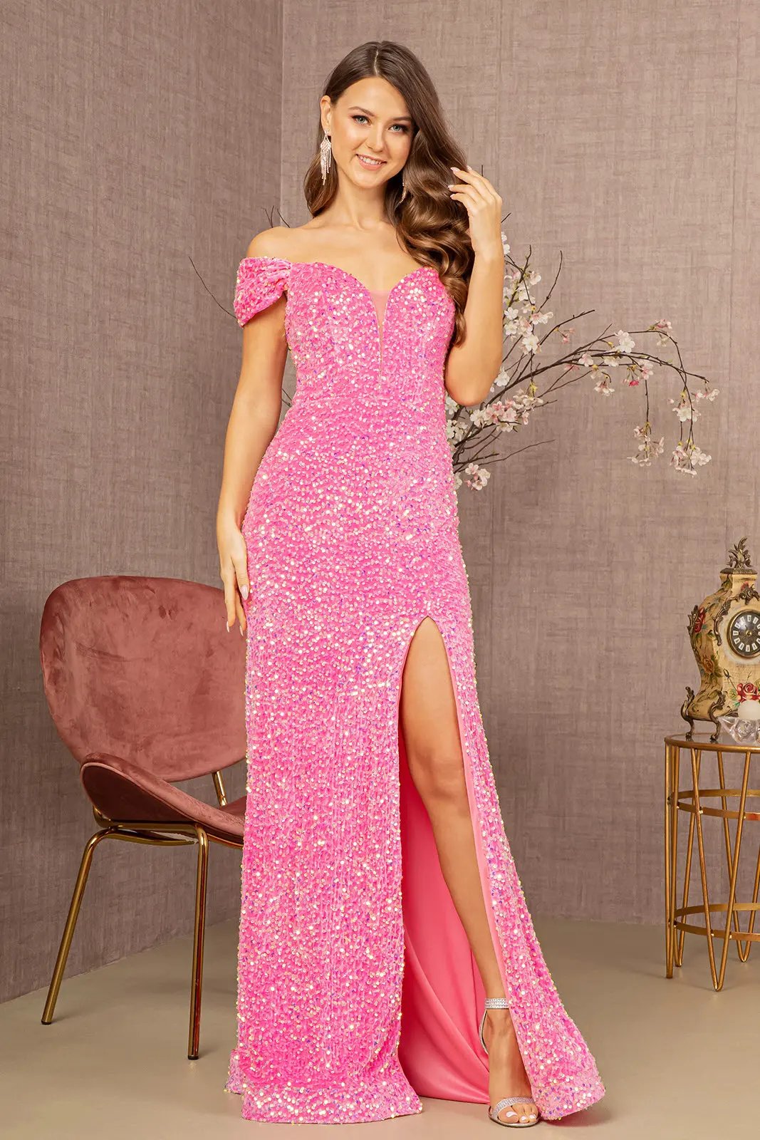 Sequin Off Shoulder Lace-up Back Velvet Mermaid Dress by Tux-USA