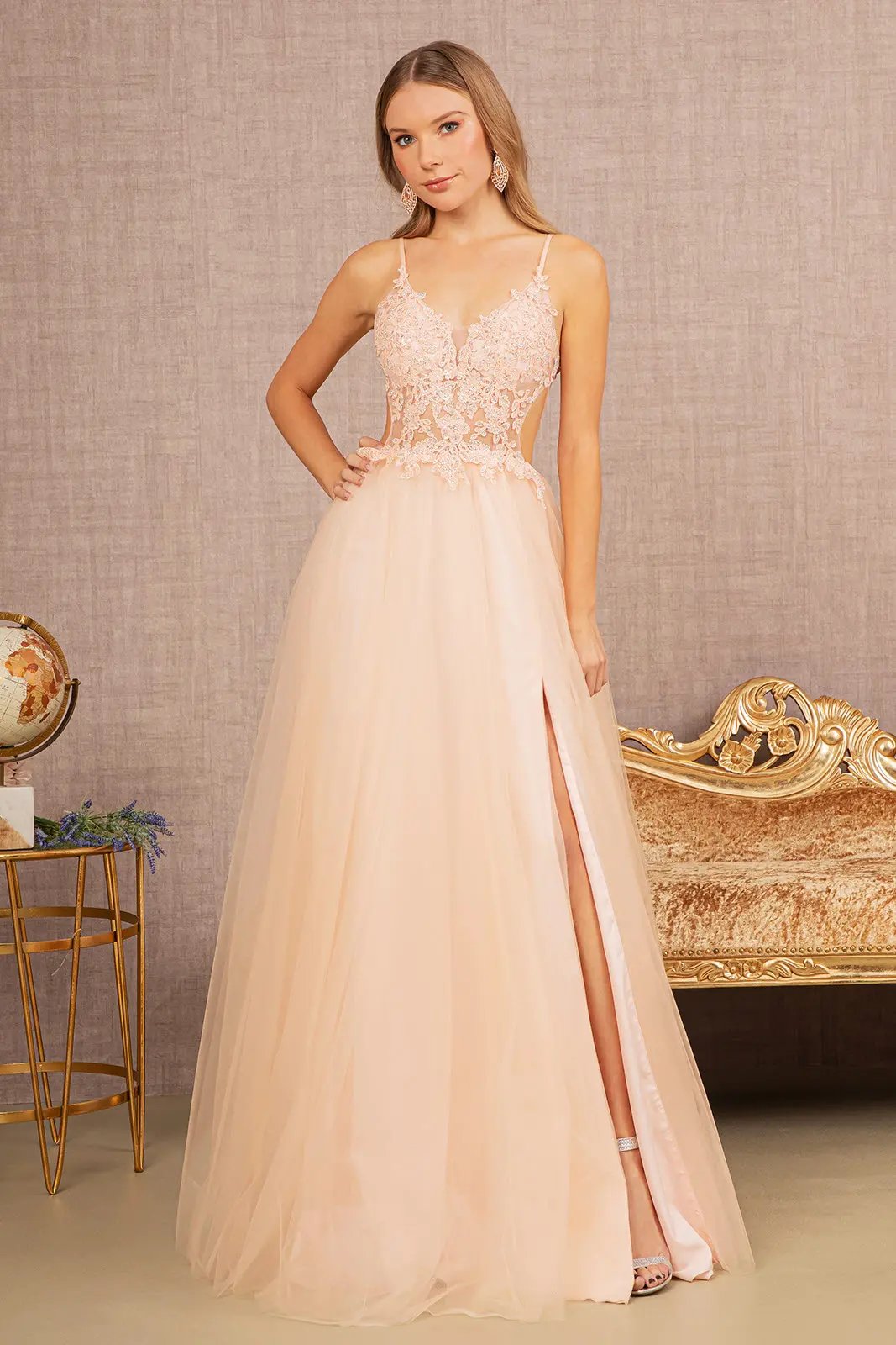 Flower Applique Sheer Front Cut-out Side Mesh A-line Dress by Tux-USA