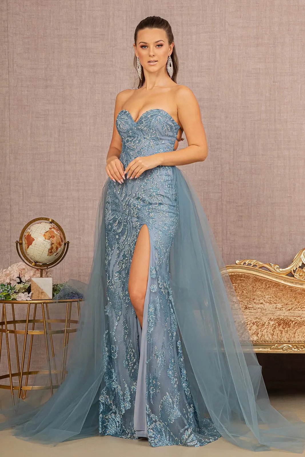 Halter Jewel Glitter Mermaid Dress w/ Detachable Mesh Layer by Tux-USA