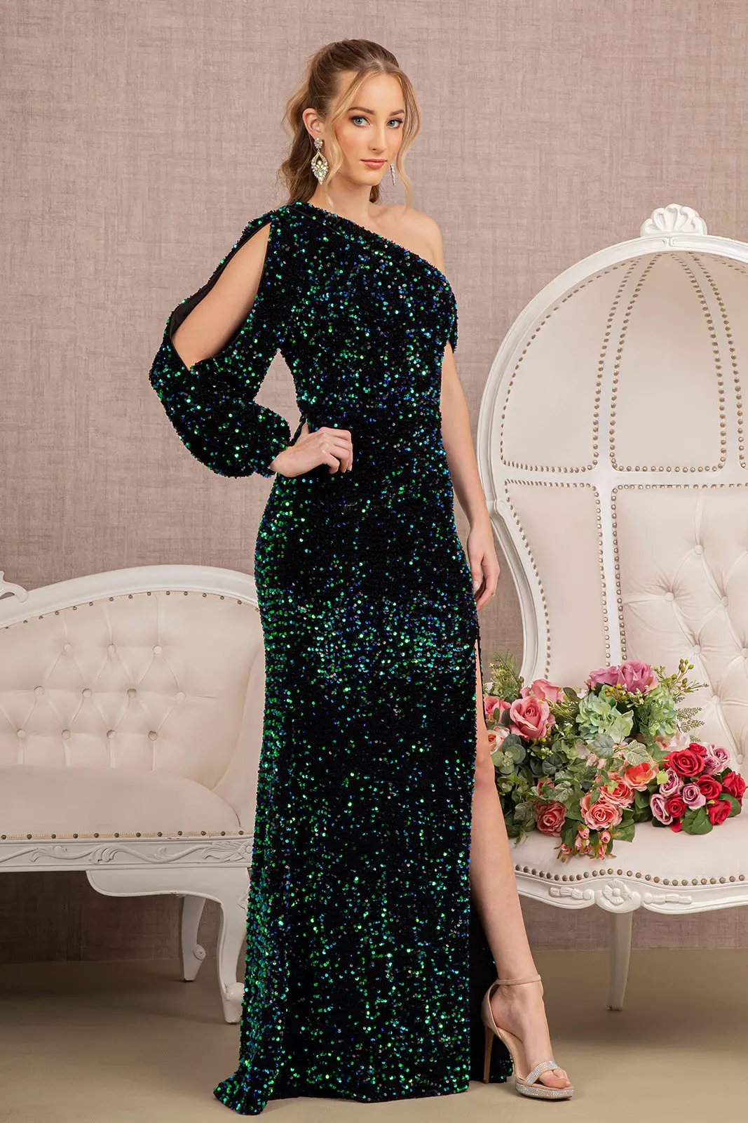 Sequin Asymmetric Velvet Mermaid Dress w/ One Long Puff Sleeve by Tux-USA