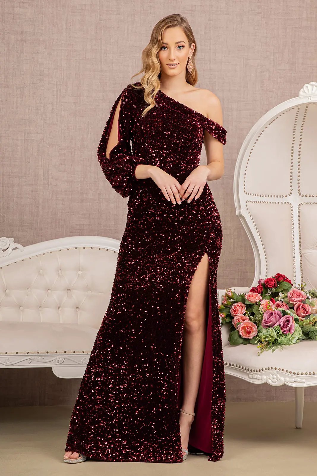 Sequin Asymmetric Velvet Mermaid Dress w/ One Long Puff Sleeve by Tux-USA