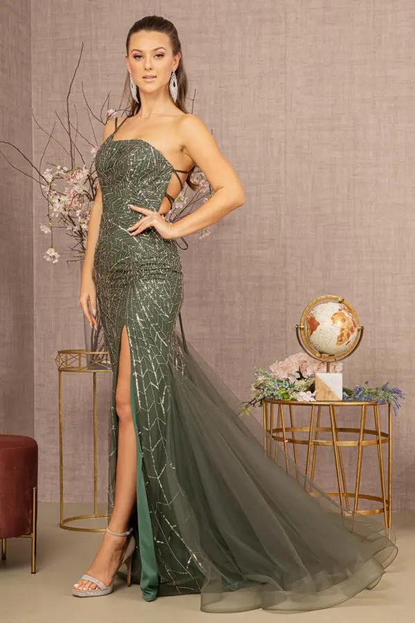 Asymmetric Glitter Mesh Mermaid Dress w/ Mesh Layered Tail by Tux-USA
