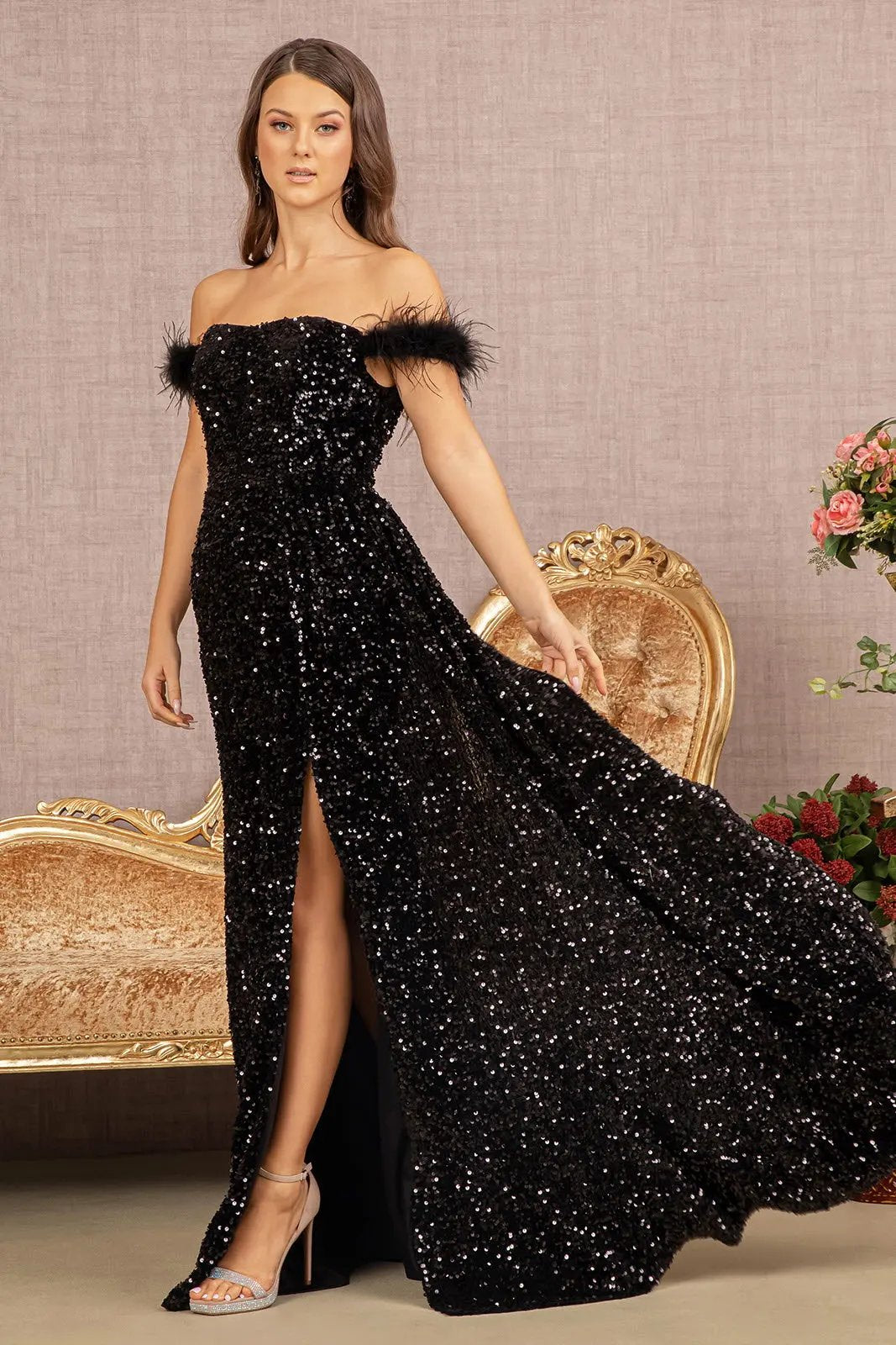 Feather Sequin Velvet Mermaid Dress w/ Velvet Side Waist Layer by Tux-USA
