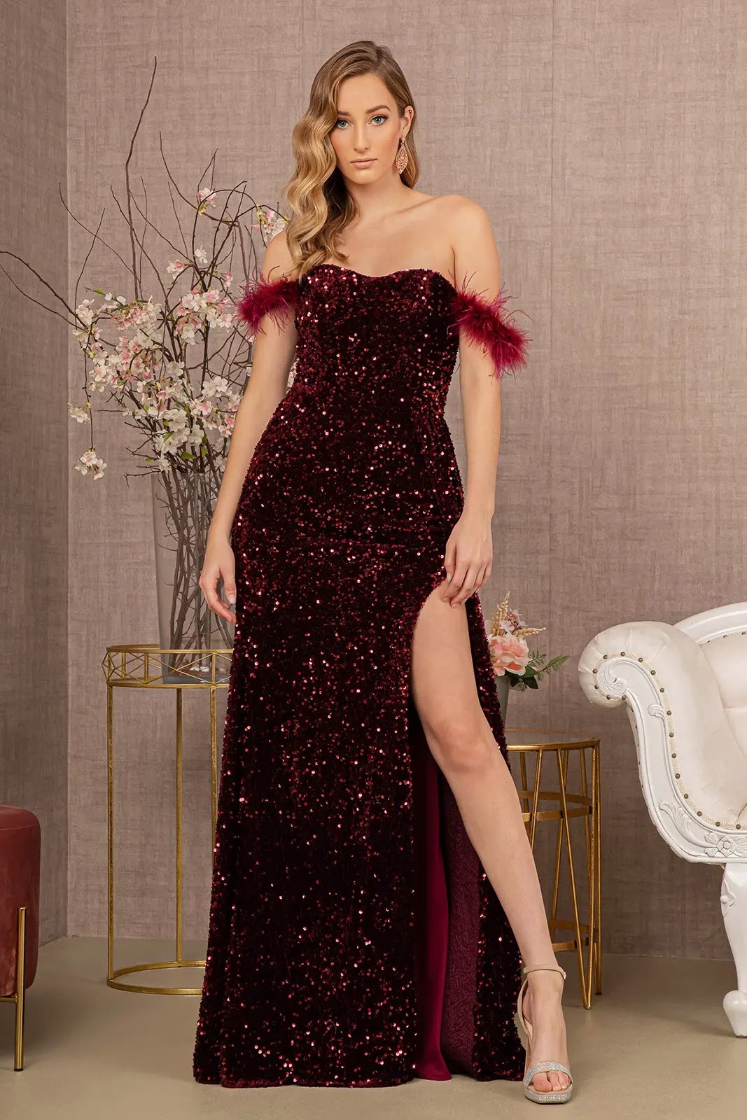 Feather Sequin Velvet Mermaid Dress w/ Velvet Side Waist Layer by Tux-USA