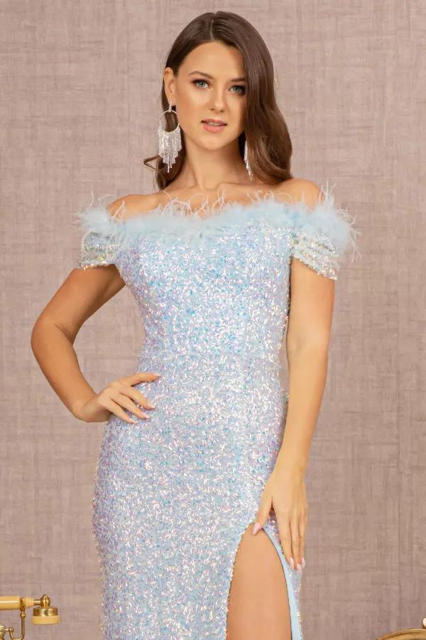 Sequin Off Shoulder Mesh Mermaid Dress w/ Feather on Neckline by Tux-USA