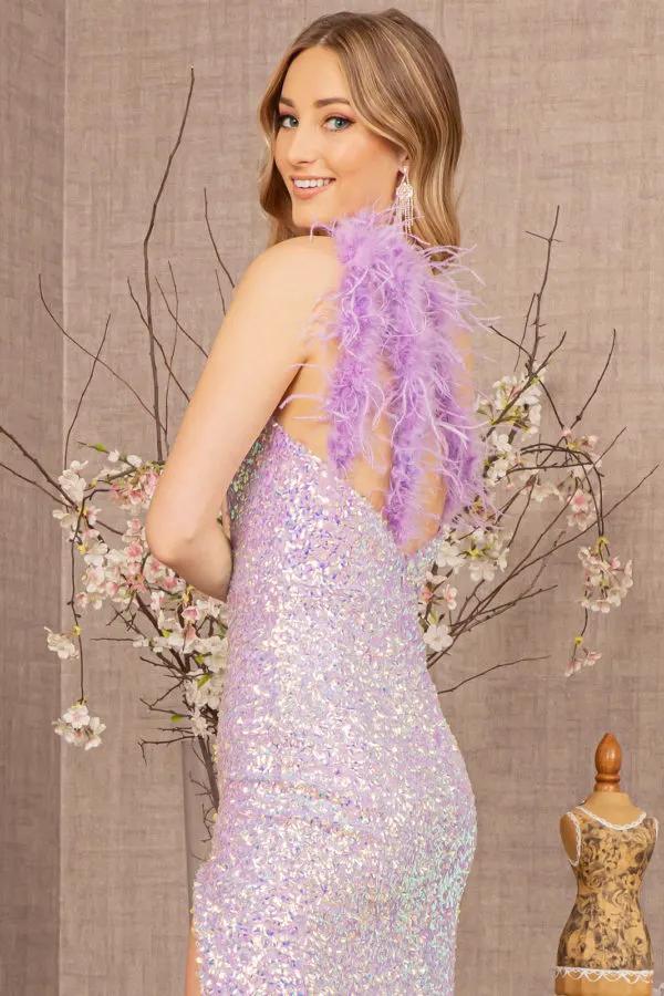 Sequin Asymmetric Cut-out Back Mermaid Dress w/ Feather Strap by Tux-USA