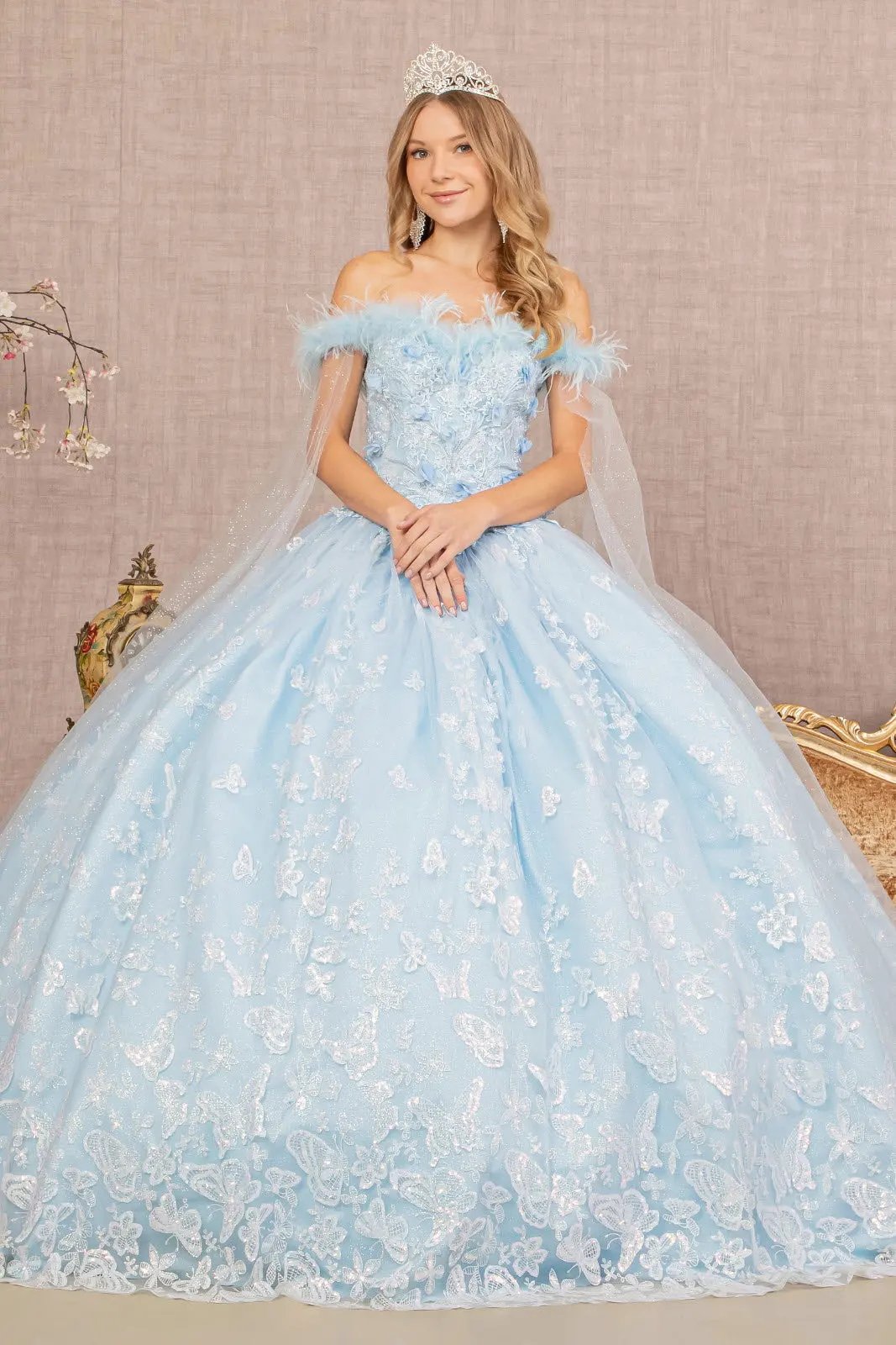 Feather 3-D Flower Quinceanera Gown w/ Detachable Side Mesh Layer by Tux-USA