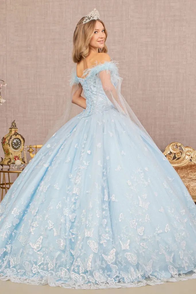 Feather 3-D Flower Quinceanera Gown w/ Detachable Side Mesh Layer by Tux-USA