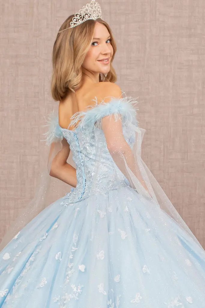 Feather 3-D Flower Quinceanera Gown w/ Detachable Side Mesh Layer by Tux-USA