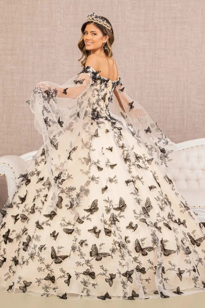 3-D Butterfly Applique Quinceanera Gown w/ Detachable Side Mesh Layer by Tux-USA
