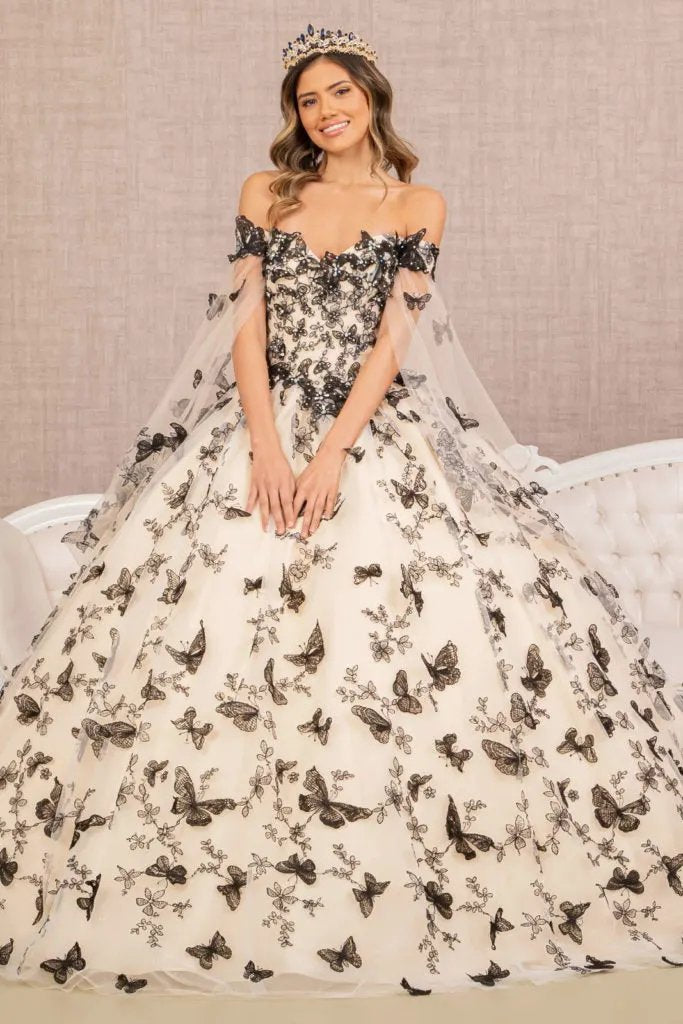 3-D Butterfly Applique Quinceanera Gown w/ Detachable Side Mesh Layer by Tux-USA