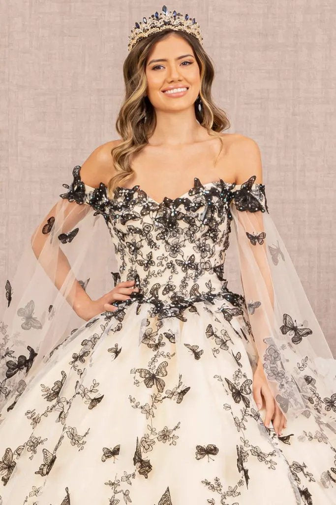 3-D Butterfly Applique Quinceanera Gown w/ Detachable Side Mesh Layer by Tux-USA