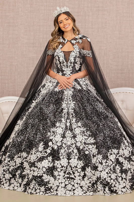 Floral Pattern Glitter Quinceanera Gown w/ Long Mesh Cape by Tux-USA
