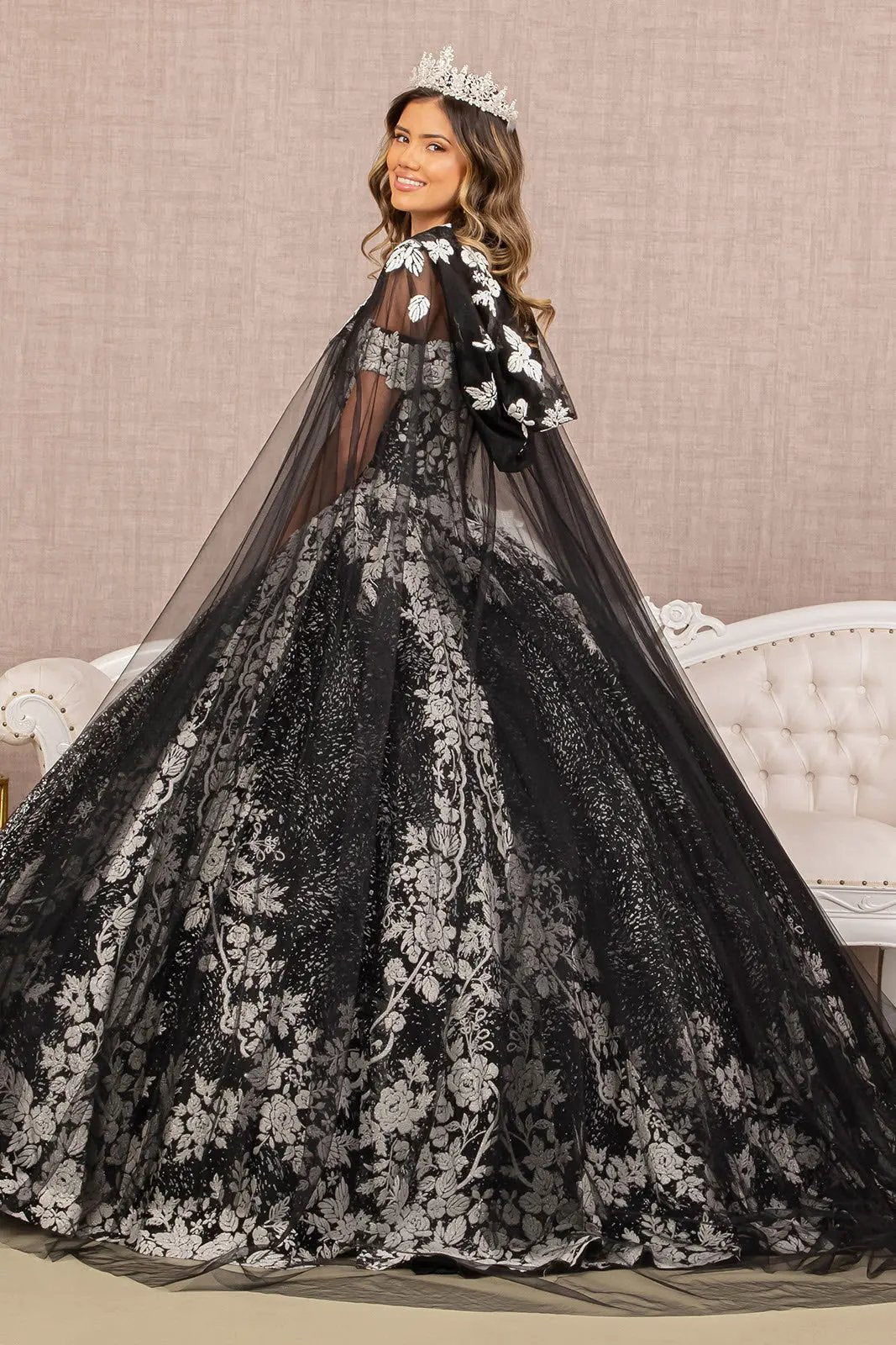 Floral Pattern Glitter Quinceanera Gown w/ Long Mesh Cape by Tux-USA