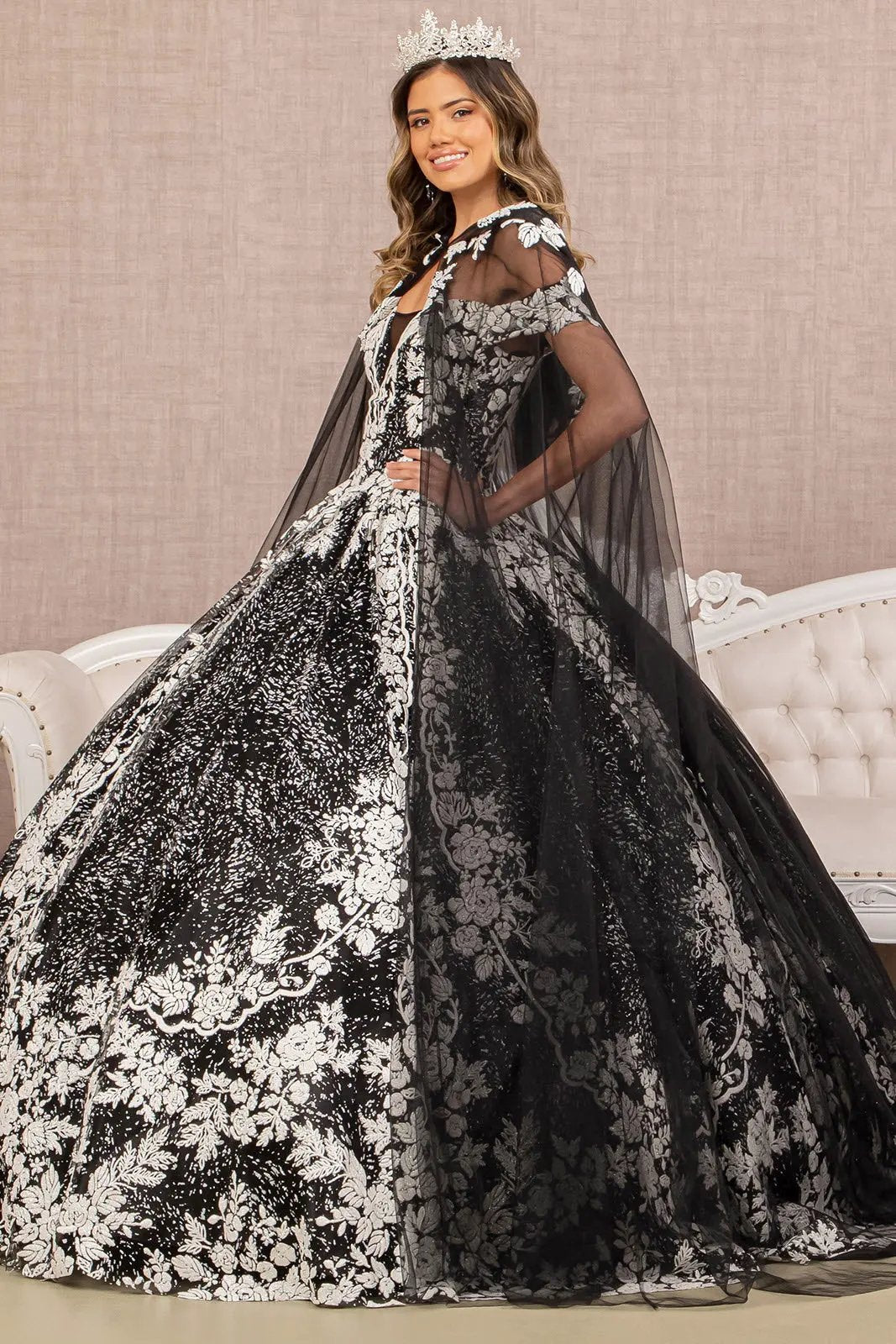 Floral Pattern Glitter Quinceanera Gown w/ Long Mesh Cape by Tux-USA