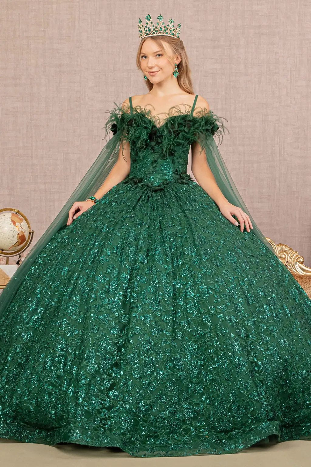 Feather Sequin Lace Quinceanera Gown w/ Detachable Side Mesh Layer by Tux-USA