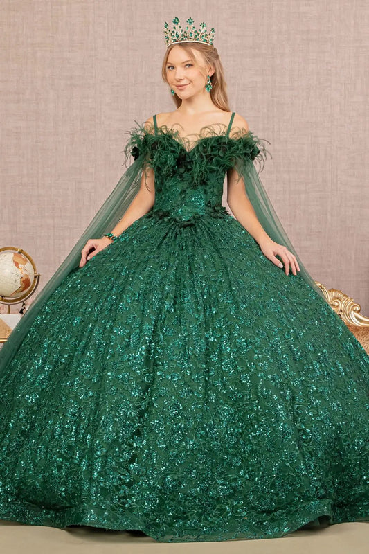Feather Sequin Lace Quinceanera Gown w/ Detachable Side Mesh Layer by Tux-USA