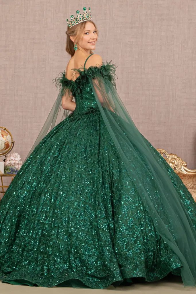 Feather Sequin Lace Quinceanera Gown w/ Detachable Side Mesh Layer by Tux-USA