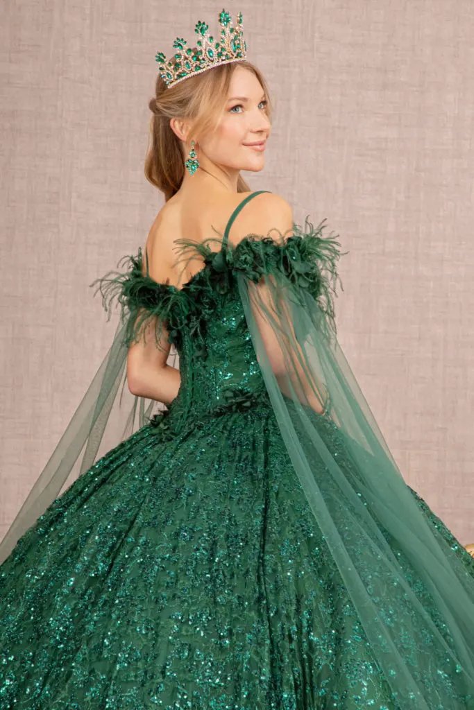 Feather Sequin Lace Quinceanera Gown w/ Detachable Side Mesh Layer by Tux-USA