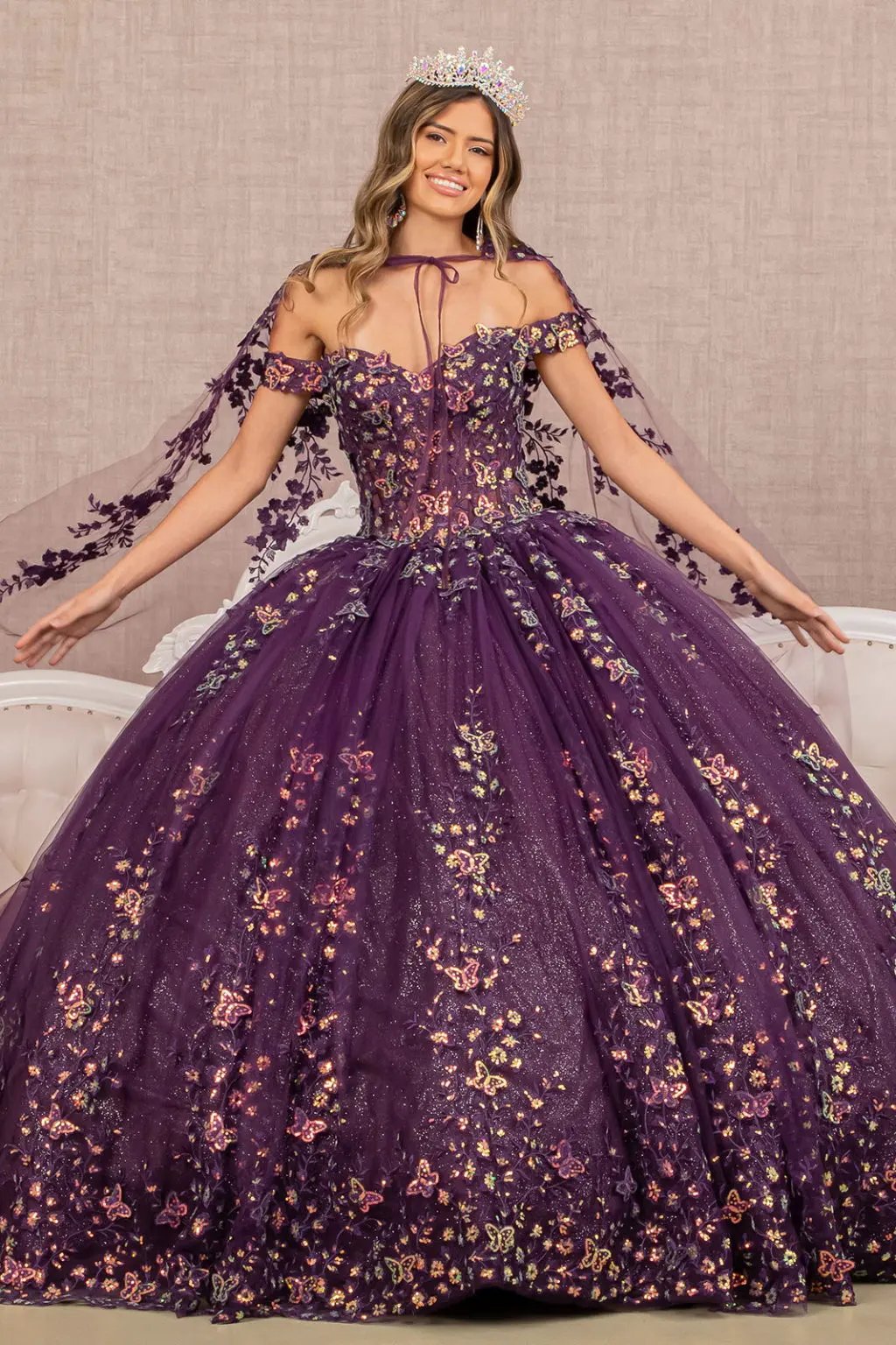 3-D Butterfly Sheer Bodice Quinceanera Gown w/ Long Mesh Cape by Tux-USA