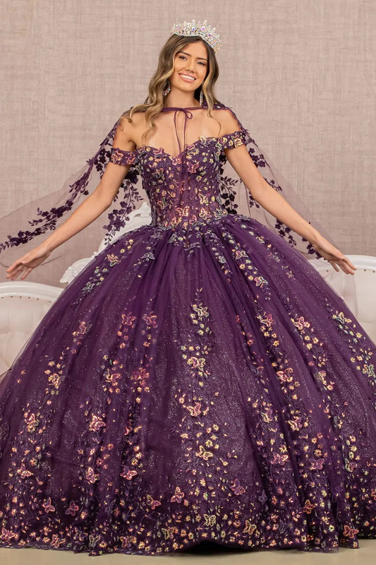 3-D Butterfly Sheer Bodice Quinceanera Gown w/ Long Mesh Cape by Tux-USA