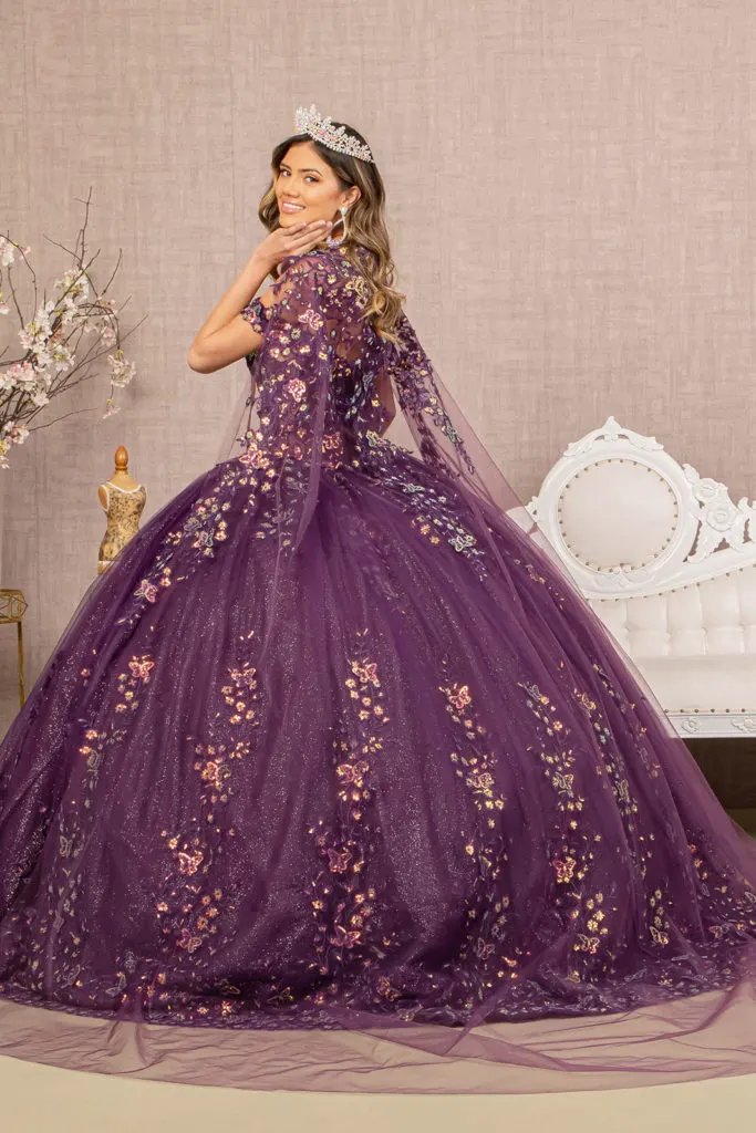 3-D Butterfly Sheer Bodice Quinceanera Gown w/ Long Mesh Cape by Tux-USA