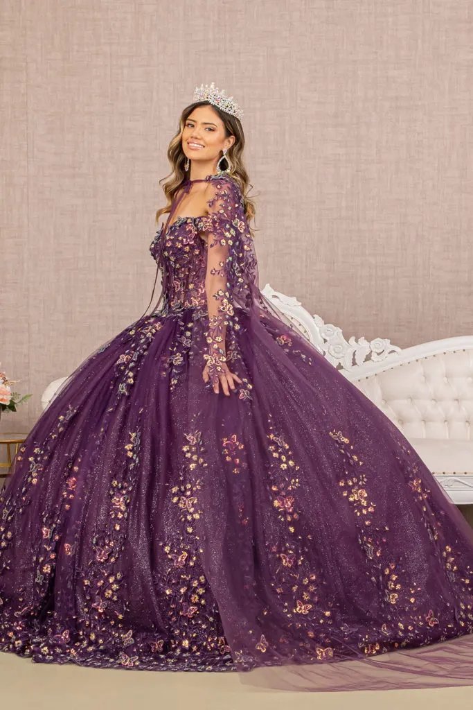 3-D Butterfly Sheer Bodice Quinceanera Gown w/ Long Mesh Cape by Tux-USA