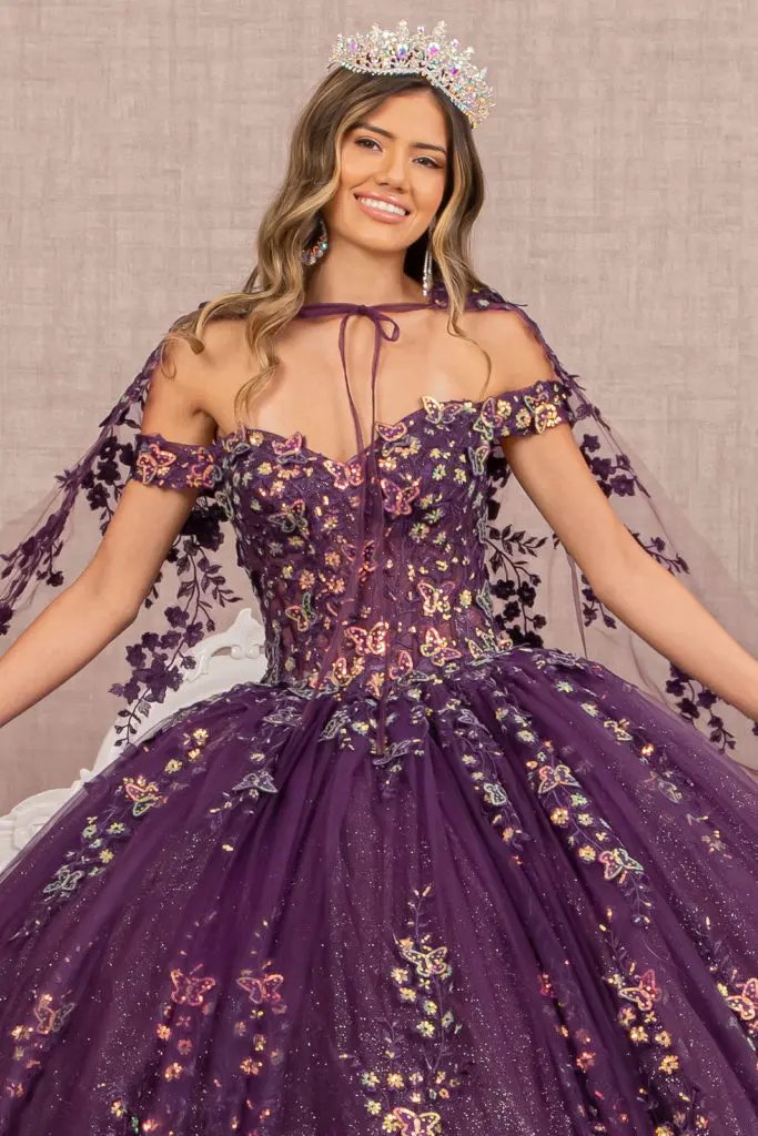 3-D Butterfly Sheer Bodice Quinceanera Gown w/ Long Mesh Cape by Tux-USA