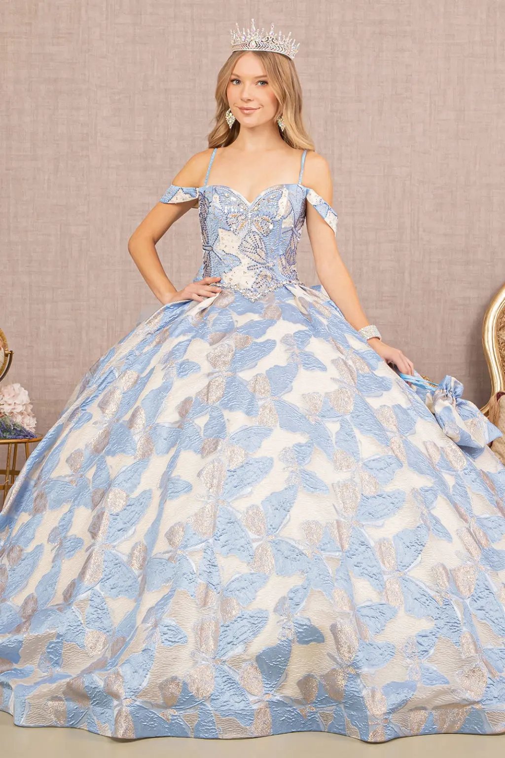 Ribbon Jewel Quinceanera Gown w/ Long Mesh Tail and Mini Bag by Tux-USA