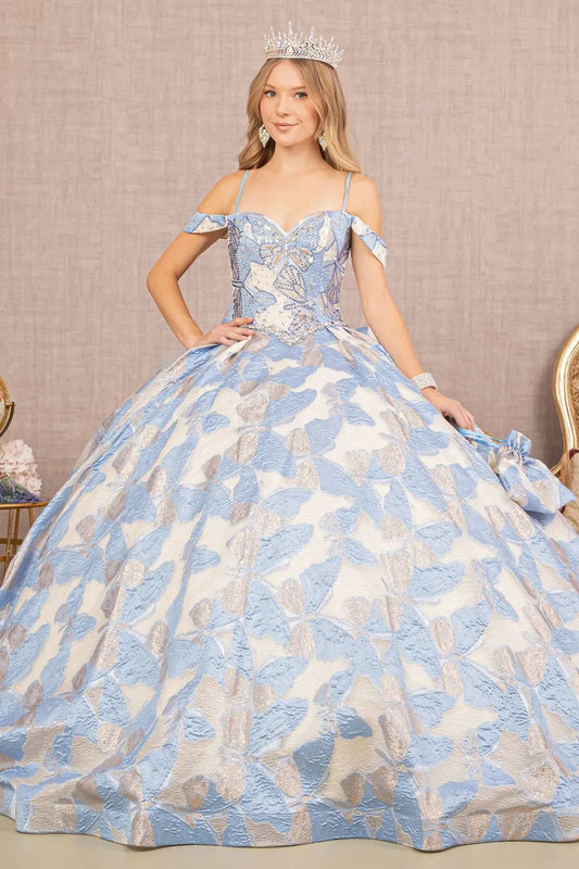 Ribbon Jewel Quinceanera Gown w/ Long Mesh Tail and Mini Bag by Tux-USA