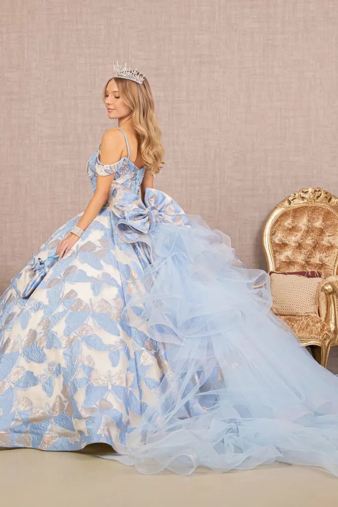 Ribbon Jewel Quinceanera Gown w/ Long Mesh Tail and Mini Bag by Tux-USA