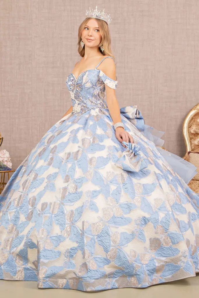 Ribbon Jewel Quinceanera Gown w/ Long Mesh Tail and Mini Bag by Tux-USA