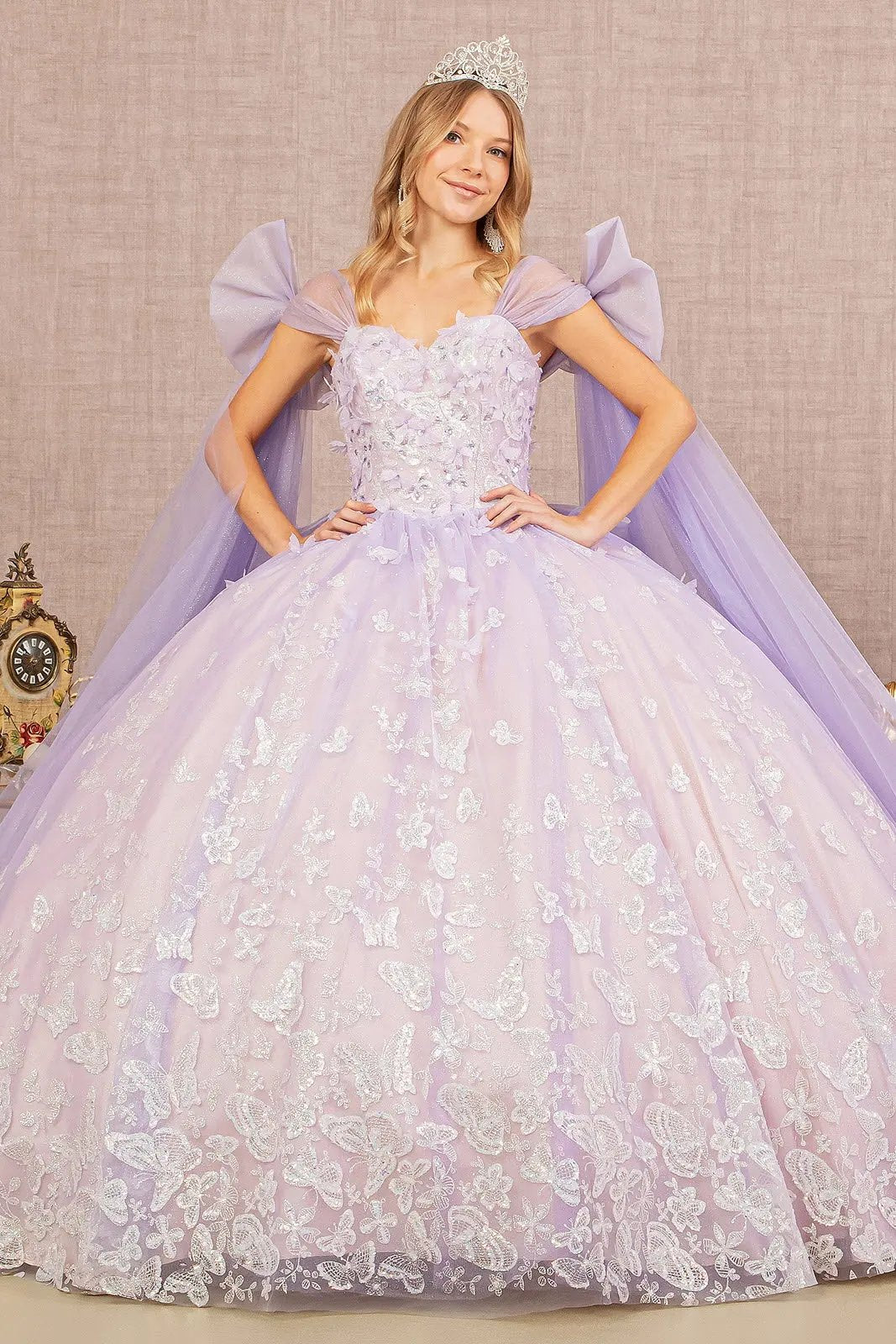 Jewel Glitter Quinceanera Gown w/ Long Mesh Layer and Ribbons by Tux-USA