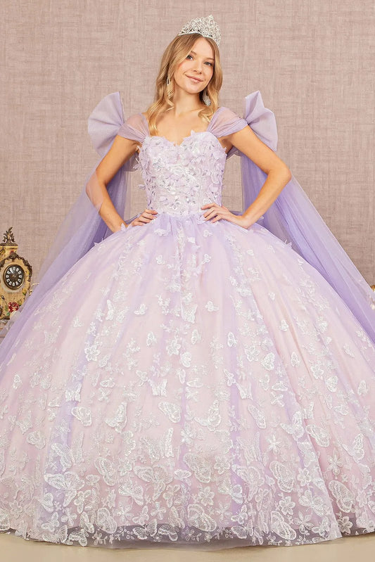 Jewel Glitter Quinceanera Gown w/ Long Mesh Layer and Ribbons by Tux-USA