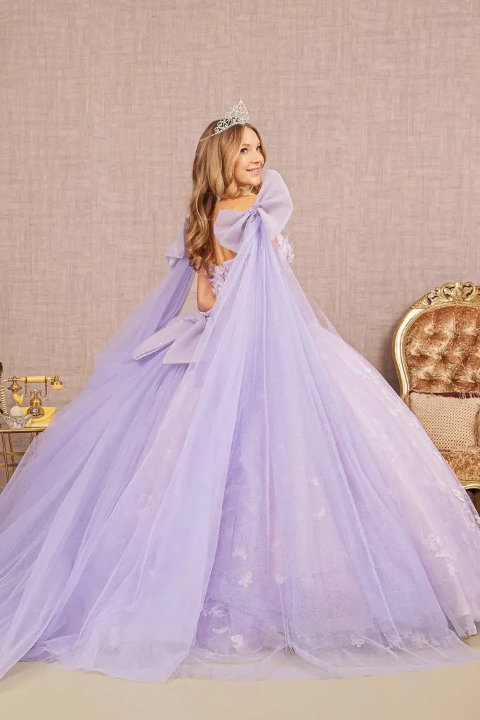 Jewel Glitter Quinceanera Gown w/ Long Mesh Layer and Ribbons by Tux-USA