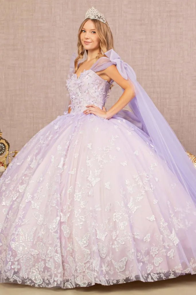Jewel Glitter Quinceanera Gown w/ Long Mesh Layer and Ribbons by Tux-USA