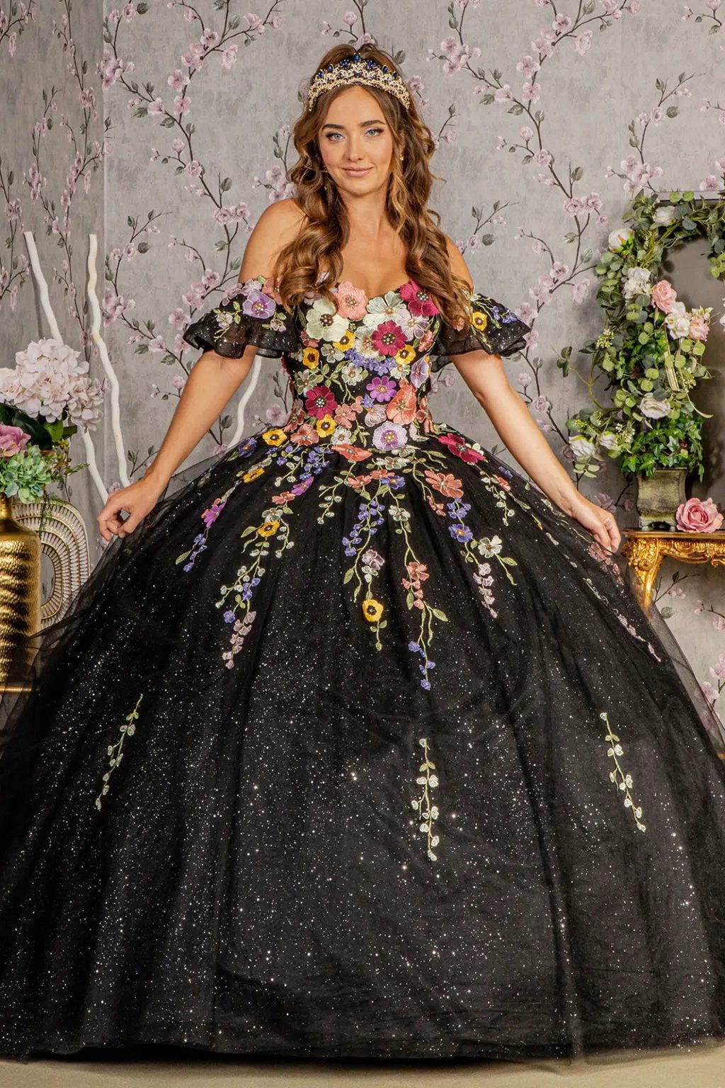 3-D Flower Applique Mesh Quinceanera Gown w/ Detachable Short Sleeves by Tux-USA