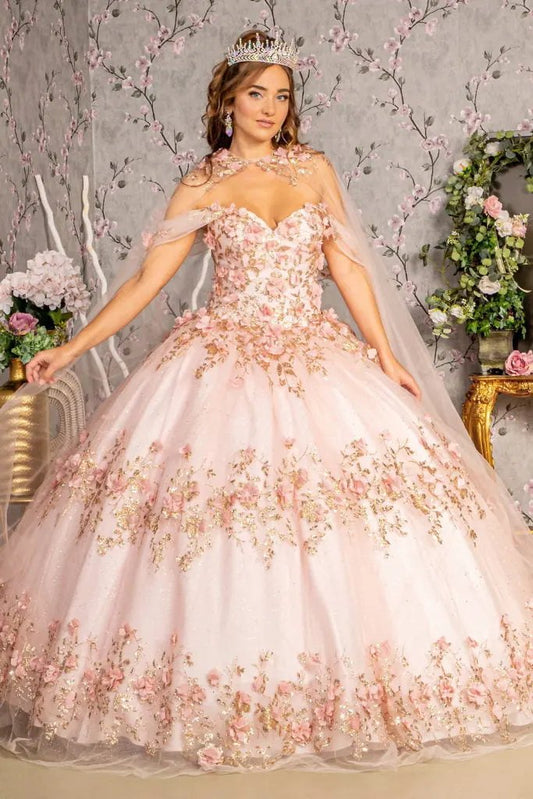 Glitter 3-D Flower Applique Mesh Quinceanera Gown w/ Long Mesh Cape by Tux-USA