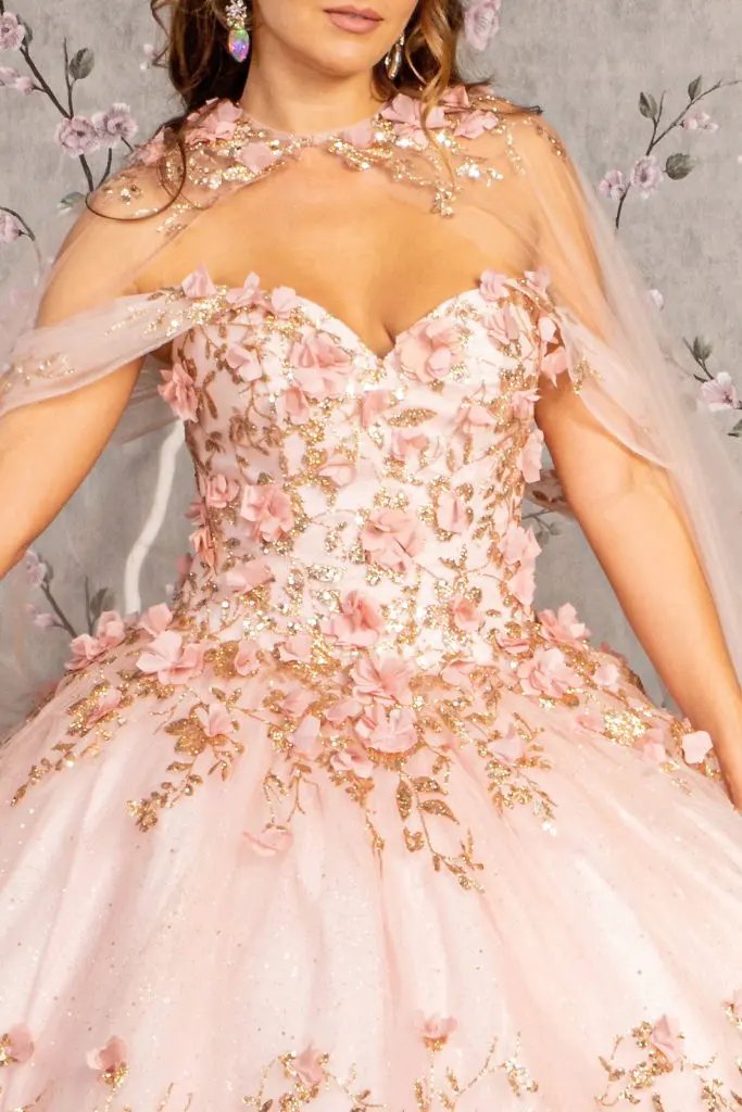 Glitter 3-D Flower Applique Mesh Quinceanera Gown w/ Long Mesh Cape by Tux-USA