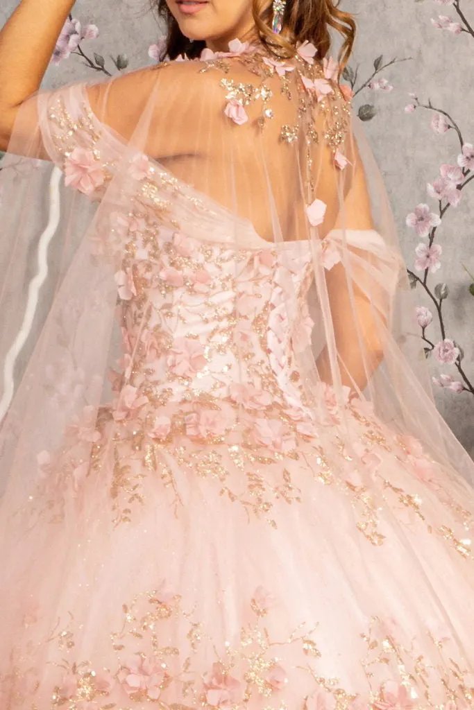 Glitter 3-D Flower Applique Mesh Quinceanera Gown w/ Long Mesh Cape by Tux-USA