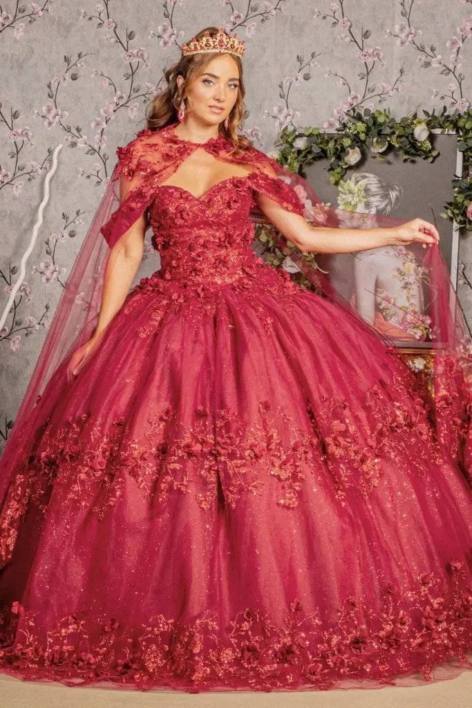 Glitter 3-D Flower Applique Mesh Quinceanera Gown w/ Long Mesh Cape by Tux-USA
