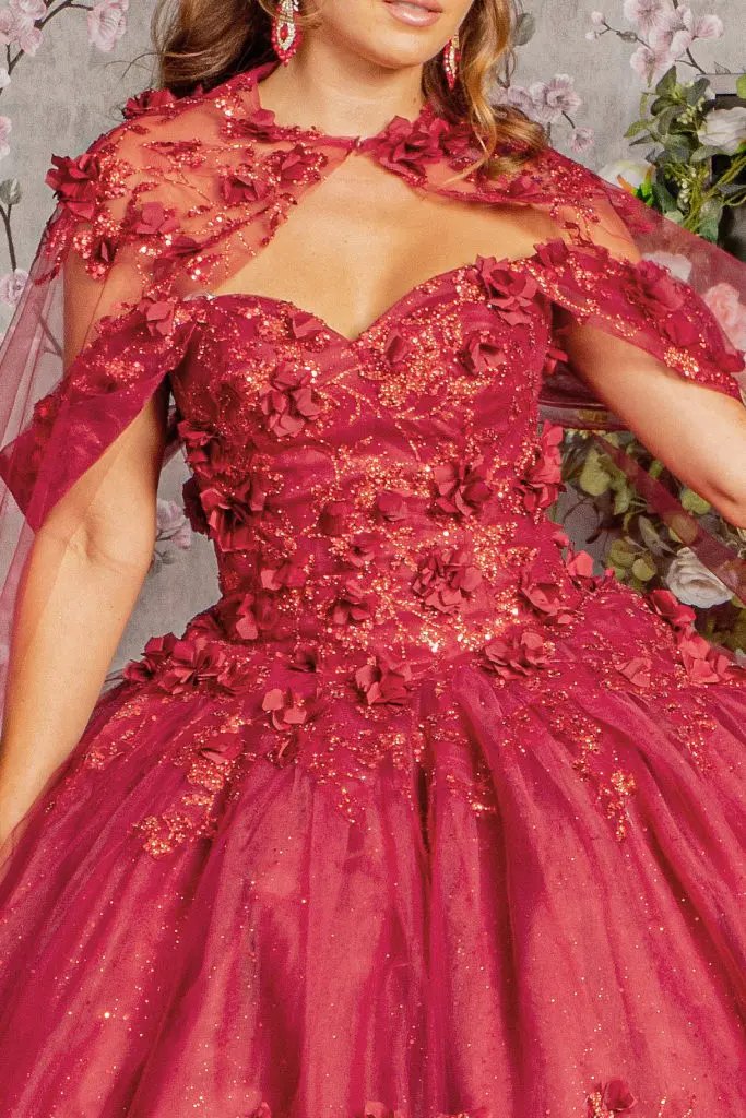 Glitter 3-D Flower Applique Mesh Quinceanera Gown w/ Long Mesh Cape by Tux-USA