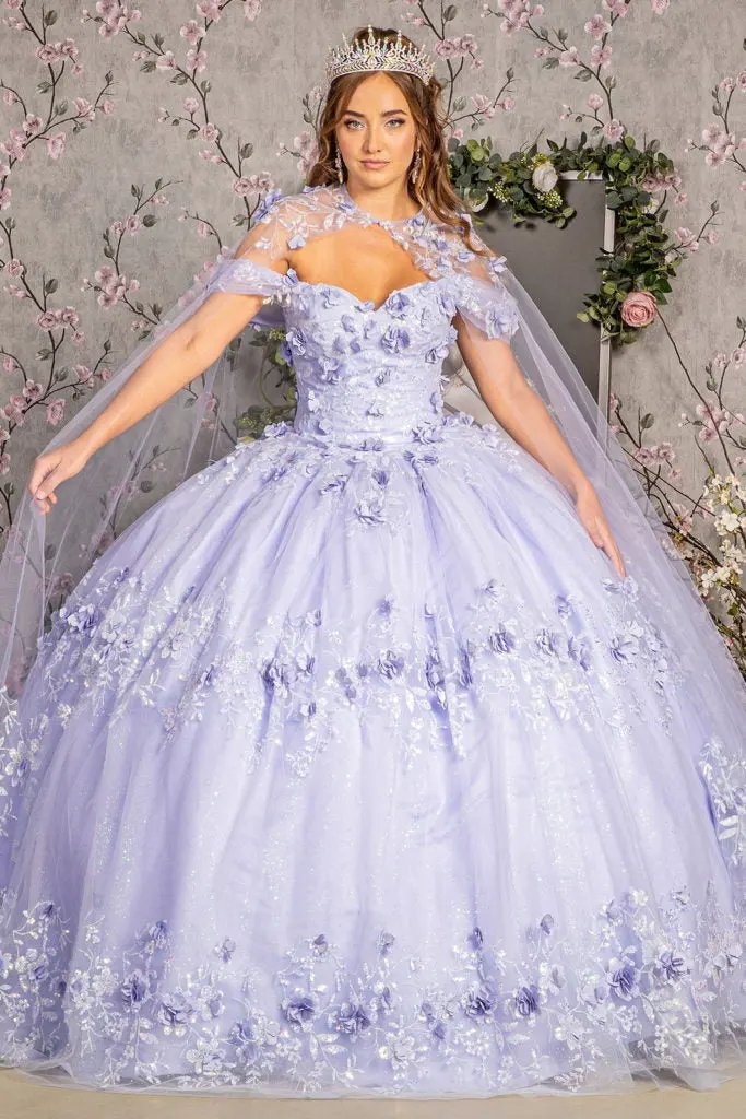 Glitter 3-D Flower Applique Mesh Quinceanera Gown w/ Long Mesh Cape by Tux-USA
